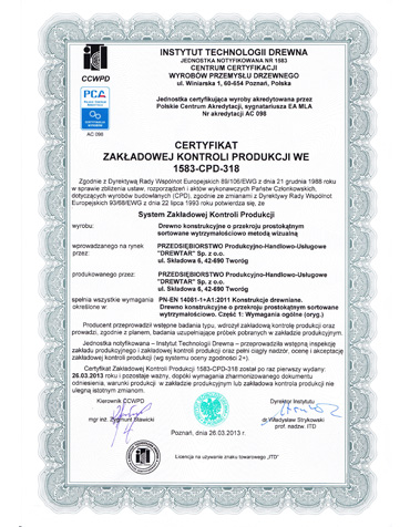 Certyfikat zakładowej kontroli produkcji WE