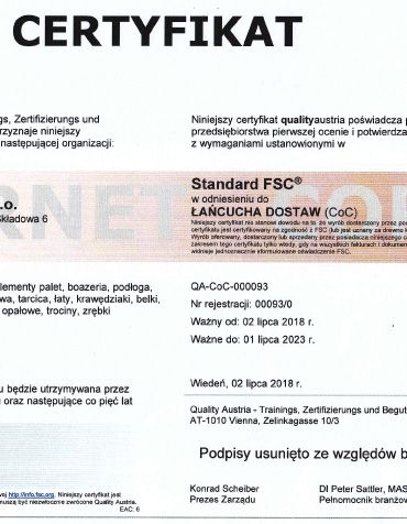 Certyfikat FSC QA-CoC-000093