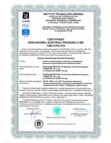 Certyfikat zakładowej kontroli produkcji WE